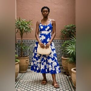 Cynthia Rowley Tiered Floral vacation resort Sz L midi Dress Linen Pockets